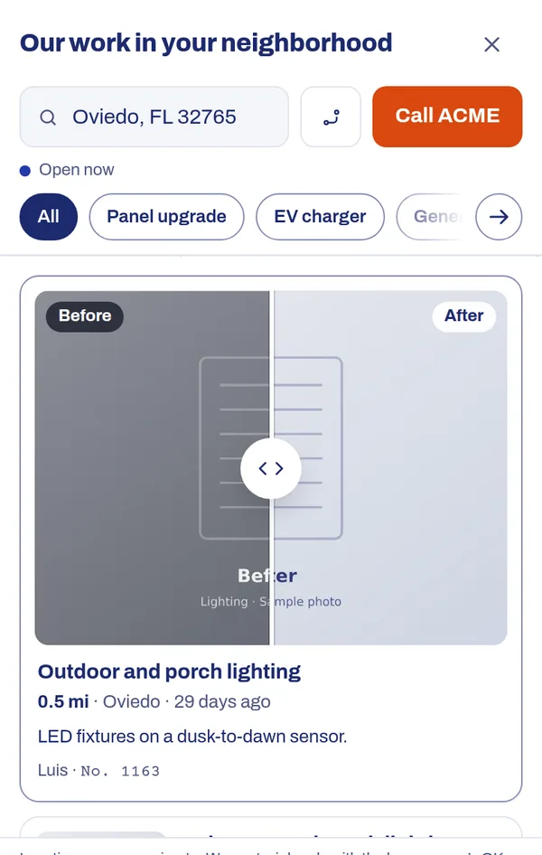 The same panel on a phone: the search, job type filters, a Call button and a job with before and after photos