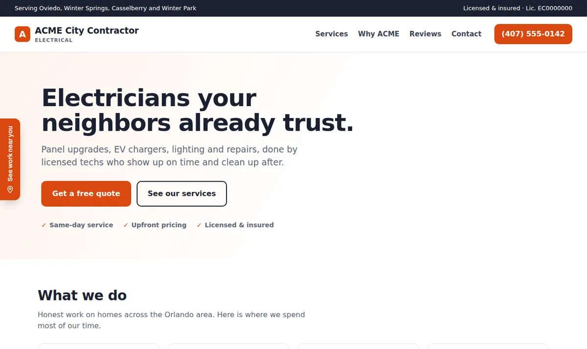 A contractor’s website with an orange “See work near you” tab on the left edge of the page